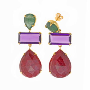 Pendientes dorados para boda largos con piedras de colores