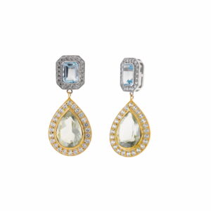 Pendientes dorados para boda largos con piedras de colores y circonitas